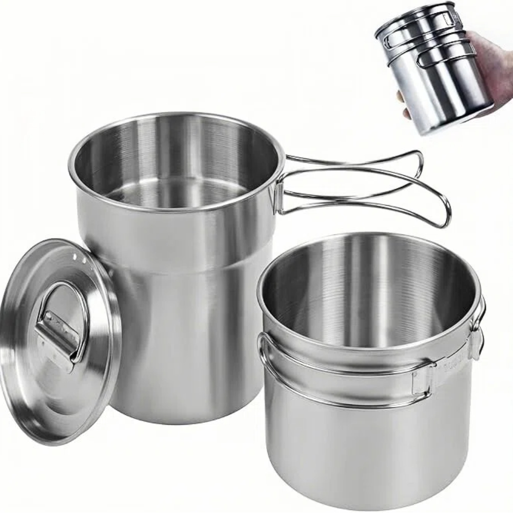 Camping Cooking Set - แก้วพับได้สำหรับแคมป์ปิ้ง หม้อและอุปกรณ์ทำอาหารสำหรับแคมป์ปิ้ง เกรดอาหาร 304 ชุดทำอาหารกลางแจ้งพร้อมฝาแบบมีช่องระบายอากาศ ทำจากสแตนเลส