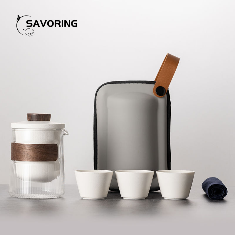Camping Cooking Set - Simple เซรามิคจีนชุดชา 1 หม้อ 3 ถ้วยพร้อมกระเป๋าเดินทางชุดชา