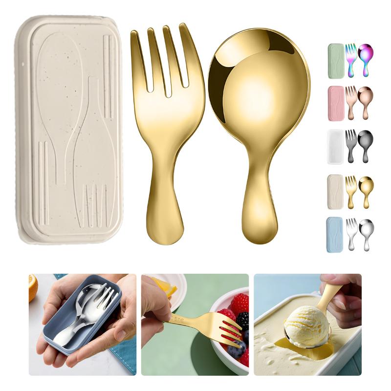 Camping Cooking Set - ชุดช้อนส้อมสแตนเลส 2 ชิ้น แบบพกพา พร้อมกล่อง สำหรับตั้งแคมป์กลางแจ้ง