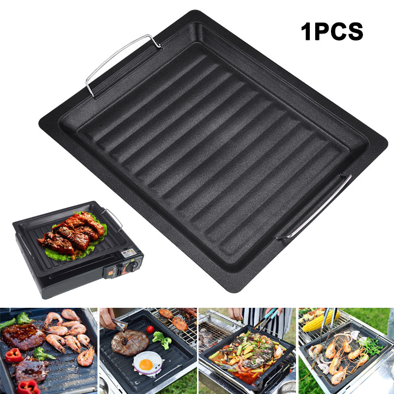 Camping Cooking Device - กระทะย่างทรงสี่เหลี่ยมหนาสำหรับใช้งานกลางแจ้ง พร้อมหูจับสองข้าง กระทะย่างเคลือบกันติดแบบพกพา ถาดอบสำหรับทำบาร์บีคิว แคมป์ปิ้ง และทำอาหาร