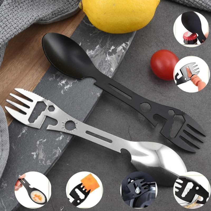 Camping Cooking Set Lightweight - ช้อนส้อมสแตนเลสแบบพกพาอเนกประสงค์สำหรับตั้งแคมป์ น้ำหนักเบา พร้อมที่เปิดขวด มีด สะดวกสบาย ใช้งานได้หลากหลายสำหรับกิจกรรมกลางแจ้ง