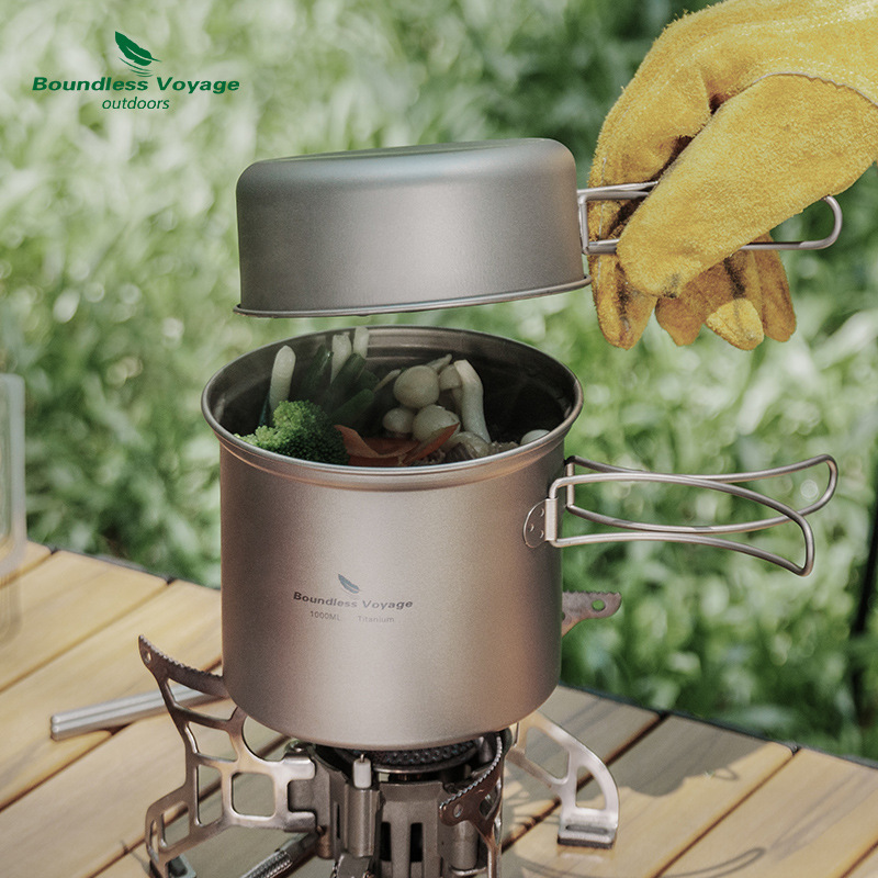 Camping Cooking Set - ชุดหม้อต้มและกระทะทอดไทเทเนียมบริสุทธิ์แบบพับได้ น้ำหนักเบาพิเศษ พกพาสะดวก เหมาะสำหรับการตั้งแคมป์กลางแจ้ง ปิกนิก อุปกรณ์ทำอาหาร