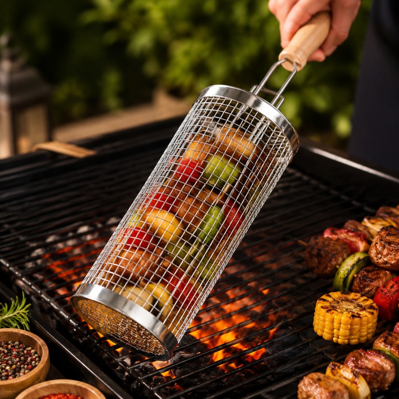 Camping Cooking Device - ชุดตะกร้าย่างบาร์บีคิวทรงกลม สแตนเลส ตะแกรงเหล็กกลิ้งพร้อมท่อและด้ามจับ อุปกรณ์จำเป็นสำหรับการตั้งแคมป์กลางแจ้ง