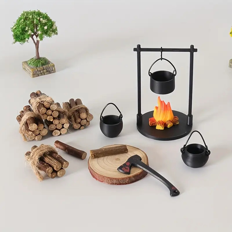 Camping Cooking Device - เตาไฟขนาดเล็กแบบแขวนสำหรับบ้านตุ๊กตา แคมป์ปิ้ง ปิกนิก พร้อมกองฟืน ทราย ตกแต่งฉากไมโครแลนด์สเคป