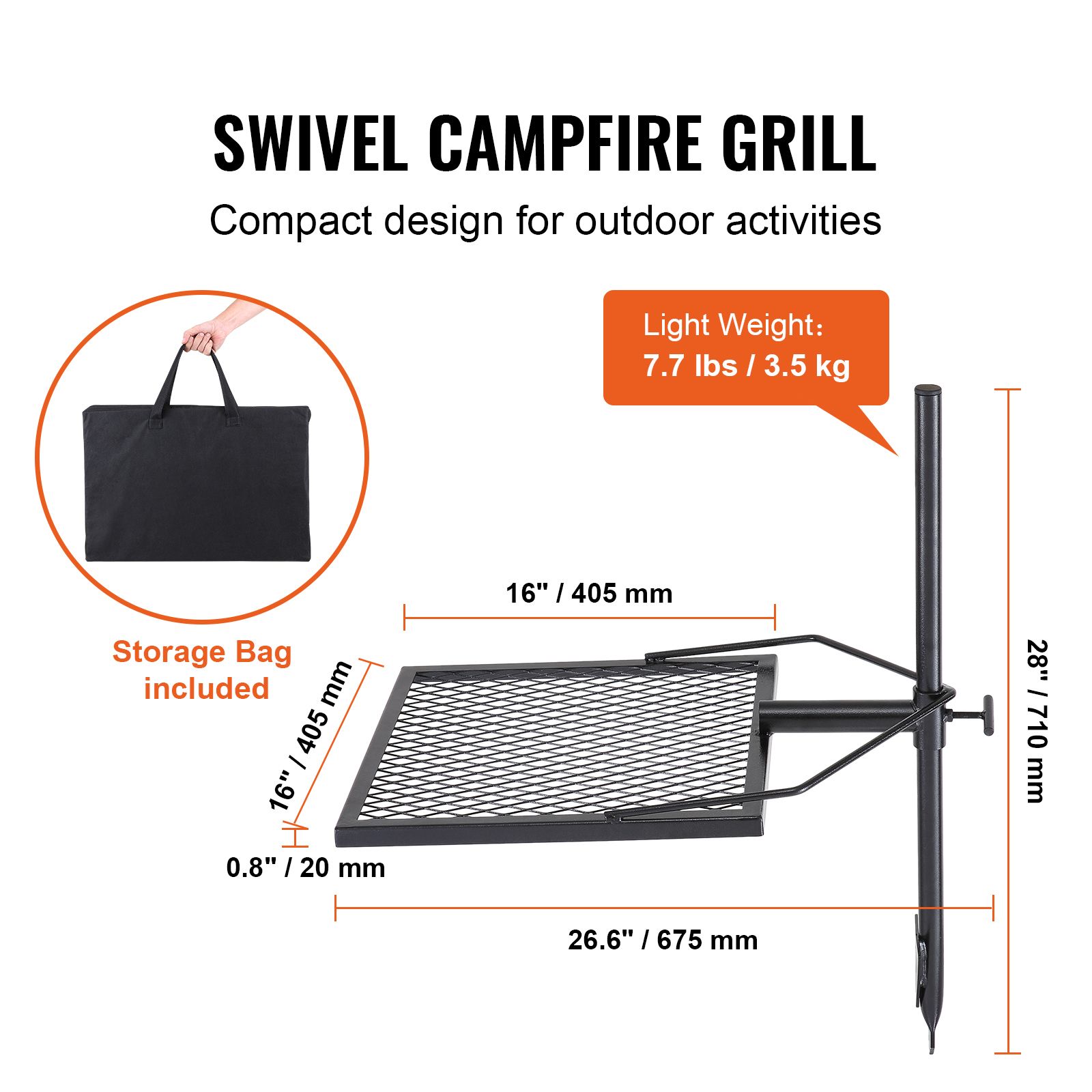 Camping Cooking Open Fire - เตาย่างแบบหมุนได้สำหรับกองไฟ, ตะแกรงย่างสำหรับเตาไฟ, ตะแกรงย่างเหล็กสำหรับงานหนัก, หมุนได้ 360 องศา